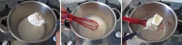 Versate allora nel liquido un cucchiaio colmo di farina ed iniziate immediatamente a mescolare la salsa per evitare la formazione di grumi. Quando la farina si unisce uniformemente alla panna, aggiungete un cucchiaio di burro e continuate a mescolare.