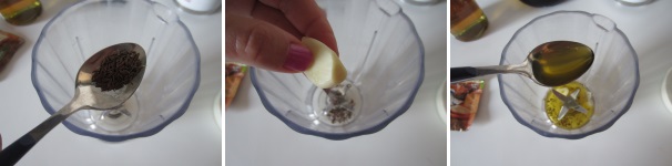 Aggiungete all’acqua con l’aceto i semi di cumino. Lasciate che si ammorbidiscano per qualche minuto. Sbucciate l’aglio ed aggiungetene almeno tre spicchi. Versate cinque o sei cucchiai di olio di oliva extravergine nel frullatore.
 