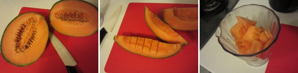 Lavate il melone e tagliatelo a metà. Eliminate i semi e tagliate la polpa a cubetti, quindi mettetela in frullatore.