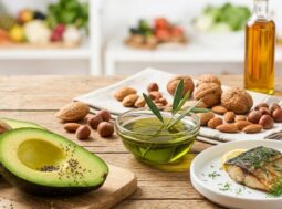 Selezione di alimenti sani per ridurre i grassi saturi: avocado, olio extravergine d'oliva, noci e pesce azzurro su tavola in legno.