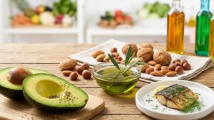 Alternative sane ai grassi saturi - Guida 2026 Selezione di alimenti sani per ridurre i grassi saturi: avocado, olio extravergine d'oliva, noci e pesce azzurro su tavola in legno.