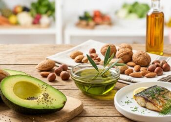 Selezione di alimenti sani per ridurre i grassi saturi: avocado, olio extravergine d'oliva, noci e pesce azzurro su tavola in legno.