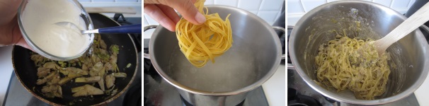 Versate la panna sui carciofi ed abbassate subito la fiamma al minimo. Mescolate delicatamente e se necessario aggiungete uno o due cucchiaini di acqua. Riempite di acqua una pentola e salatela. Portate ad ebollizione e, non appena bolle, buttate dentro le tagliatelle. Cuocetele al dente, massimo 6 minuti, quindi scolatele per bene. Rimettete le tagliatelle nella pentola e versate dentro il sugo. Rimescolate, unendo tutto per bene.