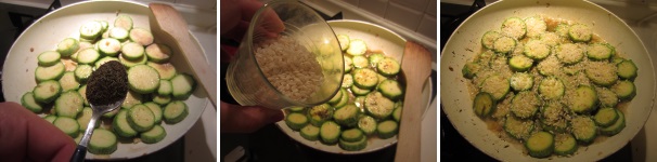 Quando le zucchine iniziano a rilasciare la loro acqua, cospargetele con il timo secco ed aggiungete il riso. Aggiungete anche il pepe, quanto basta. Coprite la padella con il coperchio e cuocete a fiamma bassa per circa trenta minuti, aggiungendo ogni tanto qualche goccia d’acqua per evitare che il riso si bruci.