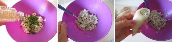 Aggiustate il riso con il sale e il pepe, quindi mescolate bene schiacciandolo con una forchetta per ottenere una purea densa. Usando un cucchiaino piccolo, riempite i totani fino in fondo.