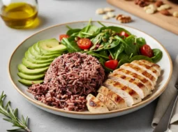 Piatto salutare per sportivi con riso venere, petto di pollo alla griglia, avocado a fette e insalata di spinaci freschi su una tavola moderna.