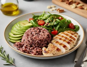 Piatto salutare per sportivi con riso venere, petto di pollo alla griglia, avocado a fette e insalata di spinaci freschi su una tavola moderna.