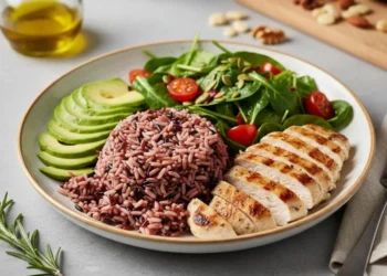 Piatto salutare per sportivi con riso venere, petto di pollo alla griglia, avocado a fette e insalata di spinaci freschi su una tavola moderna.