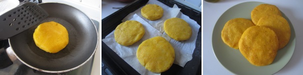 Girate le arepas con una spatola, prestando attenzione a non romperle. Foderate una teglia con la carta da forno e trasferitevi le focacce. Cuocete le arepas in forno preriscaldato a 250 °C per almeno quindici-venti minuti. Sfornate le focacce e fatele raffreddare leggermente. Con un coltello a punta tagliatele in senso orizzontale fino a metà.