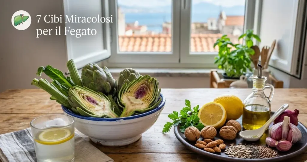 Selezione dei migliori cibi per il fegato tra cui carciofi, limoni, noci e olio d'oliva in una cucina mediterranea.