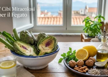 Selezione dei migliori cibi per il fegato tra cui carciofi, limoni, noci e olio d'oliva in una cucina mediterranea.