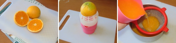 Preparate questa ricetta utilizzando delle arance molto mature, quindi molto ricche di succo. Lavatele bene e dividetele a meta, quindi spremetene il succo e misuratelo in un bicchiere graduato, tenendone da parte per la salsa circa 150 millilitri. Filtrate il succo con un colino a maglie strette in modo da eliminare residui di polpa o eventuali semini. Preparate questa ricetta utilizzando delle arance molto mature, quindi molto ricche di succo. Lavatele bene e dividetele a meta, quindi spremetene il succo e misuratelo in un bicchiere graduato, tenendone da parte per la salsa circa 150 millilitri. Filtrate il succo con un colino a maglie strette in modo da eliminare residui di polpa o eventuali semini.