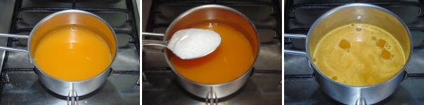 Trasferite il succo perfettamente filtrato in un pentolino alto ed aggiungete lo zucchero, quindi ponete sul fuoco a fiamma media e portate a bollore il succo. Una volta che giungerà a bollore, abbassate la fiamma e con una palettina forata schiumatelo bene. Trasferite il succo perfettamente filtrato in un pentolino alto ed aggiungete lo zucchero, quindi ponete sul fuoco a fiamma media e portate a bollore il succo. Una volta che giungerà a bollore, abbassate la fiamma e con una palettina forata schiumatelo bene.
