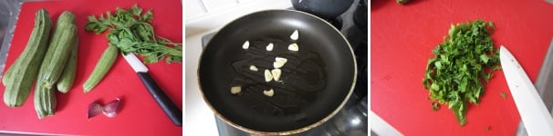 Preparate la verdura. Lavate le zucchine e il prezzemolo. Sbucciate l’aglio e tagliatelo finemente. In una padella versate olio quanto basta e soffriggete l’aglio a fiamma moderata. Tagliate abbastanza grossolanamente il prezzemolo.