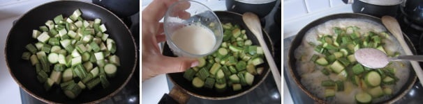 Tagliate le estremità delle zucchine, quindi tagliatele a cubetti. Aggiungetele all’aglio e mescolate. Quando le zucchine iniziano ad appassire, dopo circa sette minuti, aggiungete un bicchiere di latte di soia. Portate tutto ad ebollizione e poi abbassate la fiamma. Cuocete fin quando il latte non si riduce a metà.