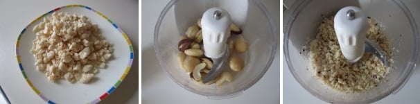 Preparate il riso soffiato in un piatto. In un tritatutto mettete il misto di noci (io ho usato le noci macadamia, le noci brasiliane, gli anacardi e un po’ di nocciole) e tritate non troppo finemente.