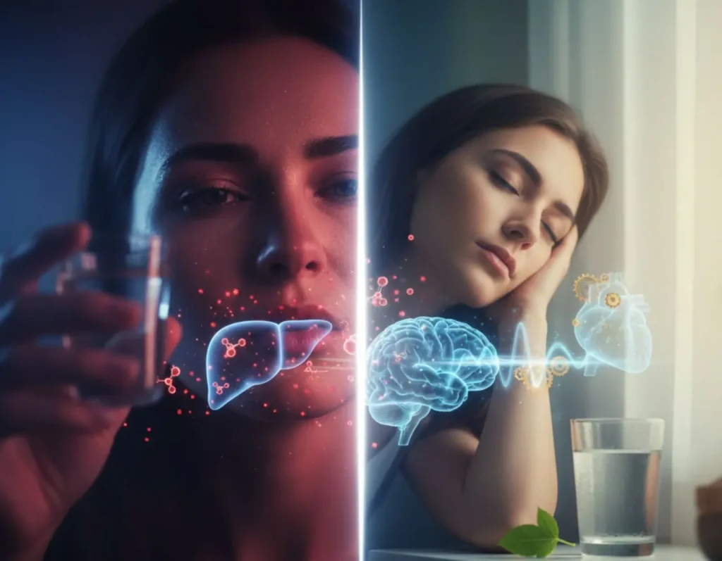 Rappresentazione concettuale dell'impatto dell'alcol sul corpo umano, fegato e cervello di una donna.