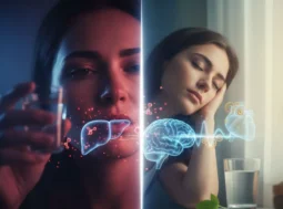 Rappresentazione concettuale dell'impatto dell'alcol sul corpo umano, fegato e cervello di una donna.