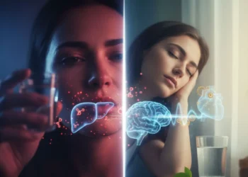 Rappresentazione concettuale dell'impatto dell'alcol sul corpo umano, fegato e cervello di una donna.