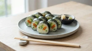Maki crudisti pronti da servire Piatto di maki crudisti vegetali fatti in casa con finto riso di cavolfiore, avocado e carote, serviti con bacchette e salsa di soia su un tavolo in legno.