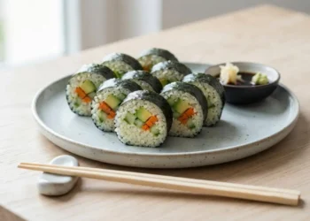 Piatto di maki crudisti vegetali fatti in casa con finto riso di cavolfiore, avocado e carote, serviti con bacchette e salsa di soia su un tavolo in legno.