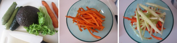 Preparate la verdura scelta. Lavatela bene ed asciugatela. Pelate le carote, eliminate le estremità e tagliatele a bastoncini fini. Sbucciate il cetriolo e tagliate via le estremità, quindi tagliatelo a bastoncini fini, uguali a quelli di carota.