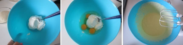 In una ciotola versate la ricotta scolata bene. Aggiungete le uova. Lavorate con le fruste elettriche, fino ad ottenere una crema omogenea e liscia.