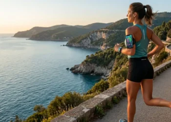 Donna che corre su un sentiero costiero utilizzando app fitness 2026 su smartphone e smartwatch per monitoraggio parametri IA.