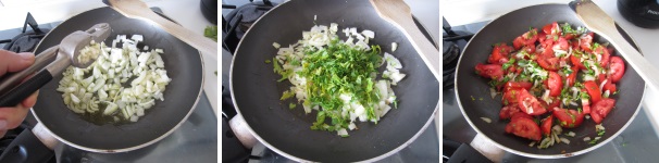 Versate l’olio nella padella e fatelo riscaldare. Sbucciate la cipolla e tagliatela a fette fini, quindi soffriggetela in padella. Sbucciate l’aglio e spremetelo nella padella con la cipolla. Lavate il prezzemolo, asciugatelo, staccate i gambi e tagliate la parte verde grossolanamente. Aggiungete il prezzemolo alla cipolla soffritta. Lavate i pomodori, sbollentateli qualche minuto e togliete la buccia. Tagliate i pomodori a fette e poi ogni fetta a metà. Aggiungete i pomodori al soffritto e cuocete a fuoco medio-basso per circa cinque minuti, sempre mescolando.