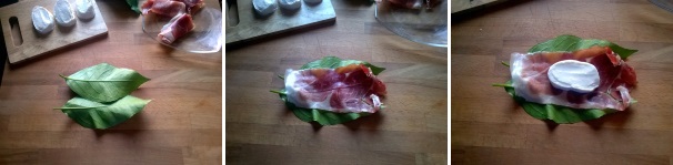 Lavate e asciugate le foglie di limone. Stendete due foglie su un tagliere e sistematevi sopra una fetta di prosciutto crudo. Posizionate una fetta di mozzarella sul prosciutto.