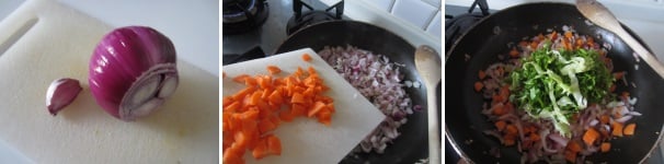 Preparate l’aglio e il cipollotto. Sbucciate l’aglio e spremetelo nella padella con poco olio. Tagliate la parte verde del cipollotto, mettetela da parte e tagliate il cipollotto a cubetti piccolissimi. Soffriggete tutto a fiamma bassa. Sbucciate una carota e lavatela. Asciugatela e tagliatela a pezzi piccoli oppure, se preferite, grattugiatela grossolanamente. Soffriggete tutto per almeno dieci minuti mescolando ogni tanto. Lavate le foglie di cavolo cinese, asciugatele e tagliatele a strisce. Quando la verdura risulterà appassita, aggiungete il cavolo cinese e rimescolate.