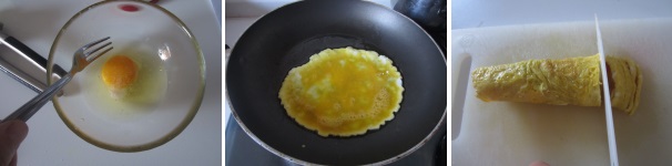 Sbattete un uovo con il sale usando una forchetta. Riscaldate poco olio in una padella, versate l’uovo sbattuto e cuocete l’omelette. Fatela intiepidire e poi arrotolatela, quindi tagliatela a strisce e decorate il piatto.