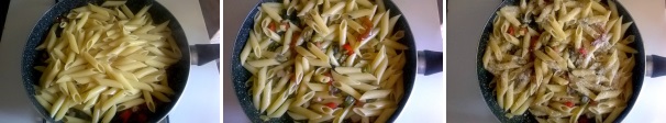 Scolate la pasta al dente. Trasferitela nella padella con le verdure e mescolate. Aggiungete quindi il pecorino e una bella macinata di pepe nero e mantecate a fuoco spento.