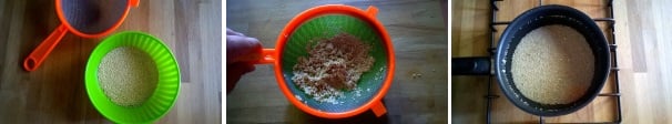 Per preparare le polpette di quinoa iniziate lavando sotto l’acqua corrente i semi di quinoa per eliminare la saponina, una sostanza naturalmente presente sui chicchi e che in cottura gli conferisce un sapore amaro. Una volta sciacquata per bene, fatela bollire per 15 minuti in acqua. Quando è cotta scolatela e tenetela da parte in una ciotola.