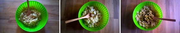 Prendete la ciotola con la quinoa e aggiungete la patata, le olive, la maggiorana e un pizzico di sale e di pepe. Mescolate per amalgamare tutti gli ingredienti in maniera omogenea.