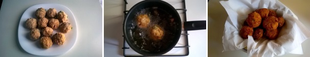 Preparate allo stesso modo altre polpette, fino ad esaurimento del composto. Scaldate l’olio di semi in un pentolino e friggete le polpette 3 minuti per lato, fino a quando non saranno diventate croccanti e dorate. Scolatele su un foglio di carta assorbente.