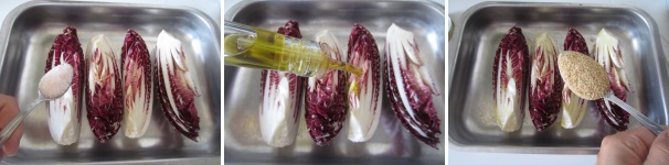 Ungete la teglia con l’olio extravergine di oliva e disponete sopra gli spicchi di radicchio. Cospargeteli uniformemente con del sale. Condite con l’olio, facendolo penetrare tra le foglie. Cospargete poi con del pangrattato, coprendo per bene ogni lato.