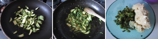 Preparate prima le polpette verdi. Lavate le zucchine, tagliate le estremità e poi tagliatele a pezzi piccoli. Versate l’olio in una padella e cuocete le zucchine fin quando non saranno morbide. Lavate ed asciugate il prezzemolo, tagliate le foglie molto finemente ed aggiungetele alle zucchine. Spegnete il fuoco e fate raffreddare. In una parte dell’impasto base mettete le zucchine con il prezzemolo, aggiungete tre cucchiai di pangrattato e amalgamate il tutto con una forchetta, creando un composto omogeneo. Create con le mani delle palline uguali per grandezza e friggetele in olio molto caldo.