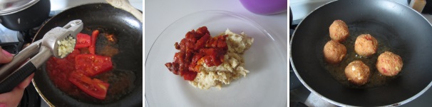 Preparate infine le polpette rosse. Lavate un pomodoro, eliminate le estremità e tagliatelo a spicchi. Cuocetelo per pochi minuti in padella con un filo d’olio insieme allo spicchio d’aglio schiacciato. Aggiungete poi il peperoncino dolce in polvere e il pangrattato. Aggiungete il tutto all’ultima parte di impasto messa da parte e mescolate con cura. Create delle palline, friggetele e lasciatele raffreddare.