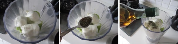Aggiungete lo yogurt intero ed un cucchiaino di menta peperita secca. Versate sopra qualche goccia di aceto di mele.