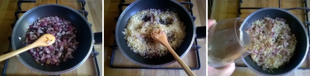 Quando la cipolla diventa dorata, aggiungete il riso, mescolate e fatelo tostare per qualche minuto sul fuoco fino a quando non diventa trasparente. Sfumate con il vino bianco e fate evaporare l’alcool.
