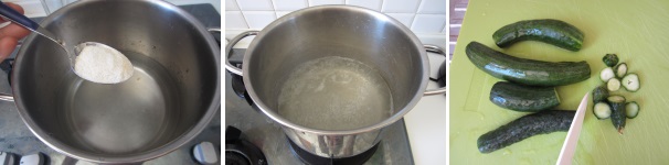 Versate l’acqua in una pentola, aggiungete lo zucchero e il sale e portate l’acqua ad ebollizione. Spegnete il fuoco e lasciate che il liquido si intiepidisca. Tagliate l’estremità dei cetrioli per facilitare la fermentazione all’interno.