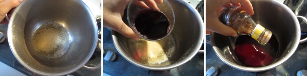 Versate lo zucchero di canna in una pentola, aggiungete il vino rosso e mescolate con uno mestolo di legno per sciogliere bene lo zucchero. Aggiungete la cannella in polvere, oppure una stecca di cannella se preferite, e rimescolate il tutto.