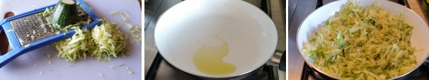 La prima operazione da fare è preparare le polpettine, dunque lavate e pulite bene la zucchina, dopodiché con una grattugia riducetela in piccoli pezzi. In una padella scaldate qualche cucchiaio di olio e cuocetevi la zucchina grattugiata.