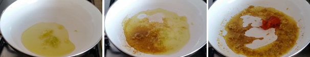 In una padella versate qualche cucchiaio di olio e rosolatevi l’aglio finemente tritato, una volta che sarà dorato unite il curry e l’harissa e rosolate bene tutto insieme.