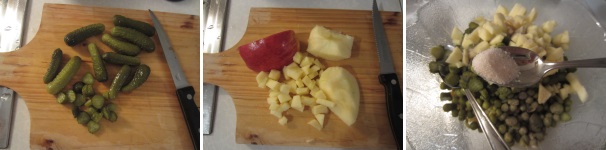 Scolate i cetrioli, eliminate le estremità e tagliateli a cubetti piccoli, quindi aggiungeteli all’insalata. Sbucciate una mela, togliete il torsolo e tagliatela a cubetti possibilmente uguali per grandezza a quelli di cetrioli e al resto della verdura. Aggiungete la mela agli altri ingredienti nella ciotola. Salate.