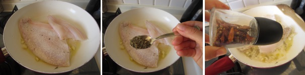 Sbucciate l’aglio e tagliatelo a pezzi piccolissimi. Versate l’olio in una padella e fatelo riscaldare, quindi aggiungete l’aglio precedentemente tagliato e fate soffriggere per qualche minuto. Lavate il pesce sotto l’acqua corrente fredda ed asciugatelo. Mettete il merluzzo e la platessa nella padella e soffriggete, quindi aggiungete pepe e peperoncino in quantità a piacere.