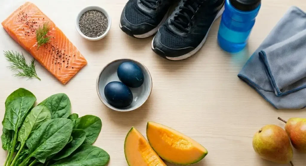 Composizione flat lay con salmone, uova, spinaci, melone, pere e scarpe da ginnastica per rappresentare la dieta per tonificare i muscoli.