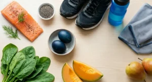 Composizione flat lay con salmone, uova, spinaci, melone, pere e scarpe da ginnastica per rappresentare la dieta per tonificare i muscoli.