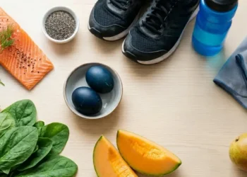 Composizione flat lay con salmone, uova, spinaci, melone, pere e scarpe da ginnastica per rappresentare la dieta per tonificare i muscoli.